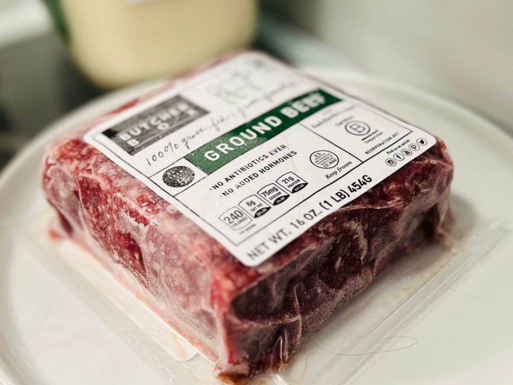 plate with pack of butcherbox ground beef on it
