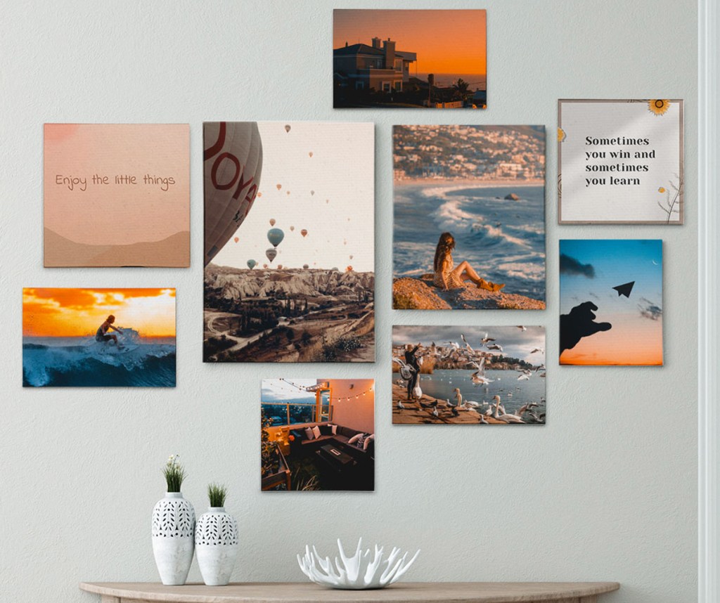 multiple photo canvases on wall