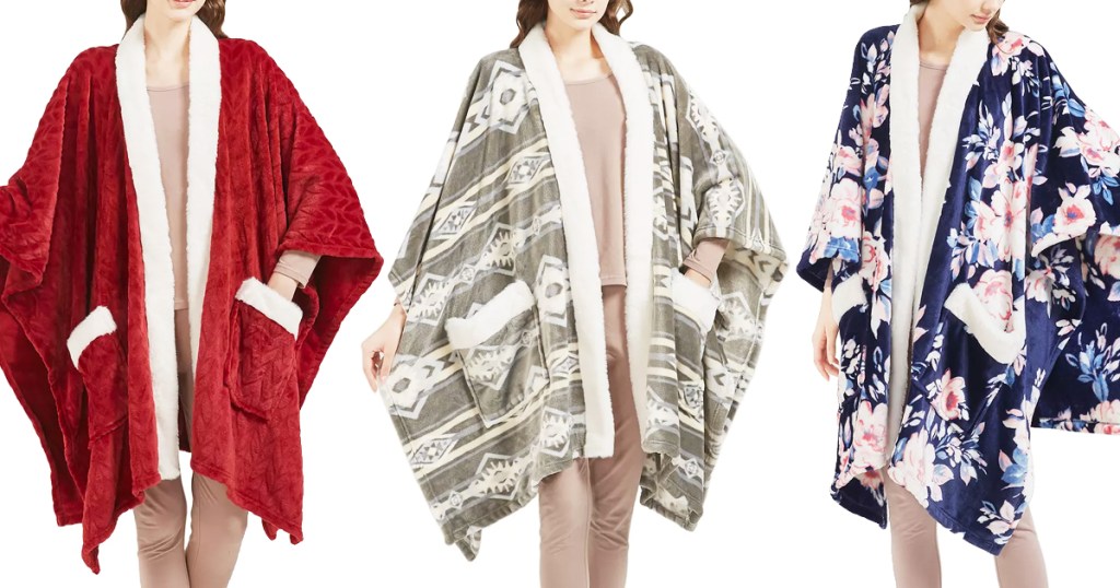 three women modeling Charter Club Plush Blanket Wraps