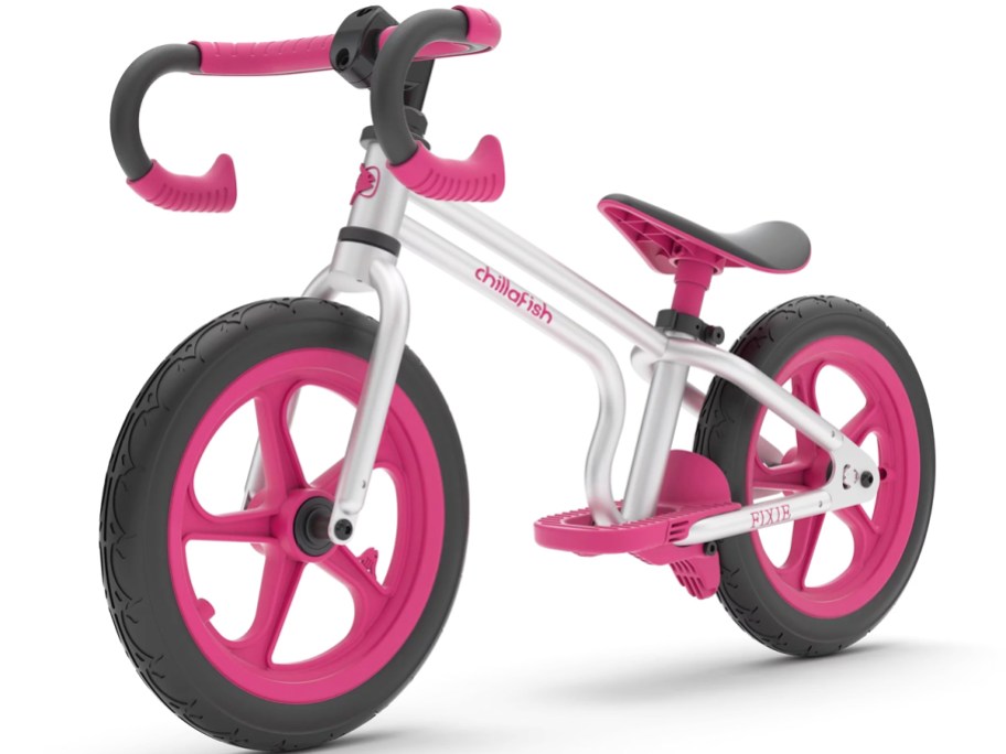 silver and pink kids balance bike