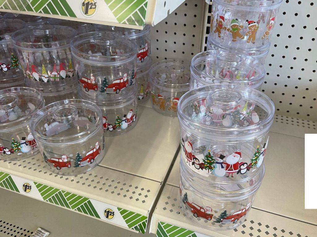 Plastic Christmas baking containers on a store shelf