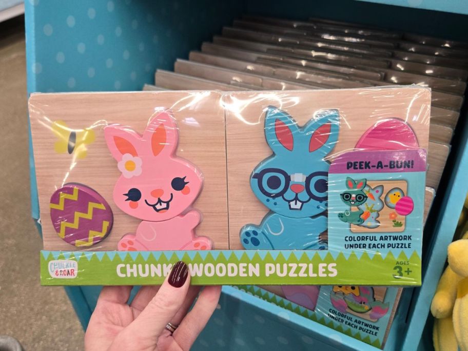 Chuckle & Roar Chunky Wooden Puzzle in hand in store