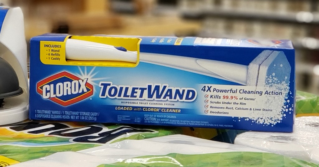 Clorox ToiletWand box on top of pack of paper towels