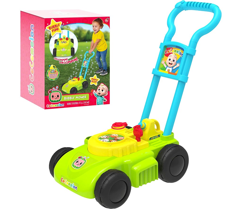 green and blue cocomelon lawn mower