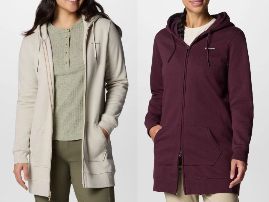 2 women wearing Columbia Women's Burr Trail Long Full Zip Hoodies