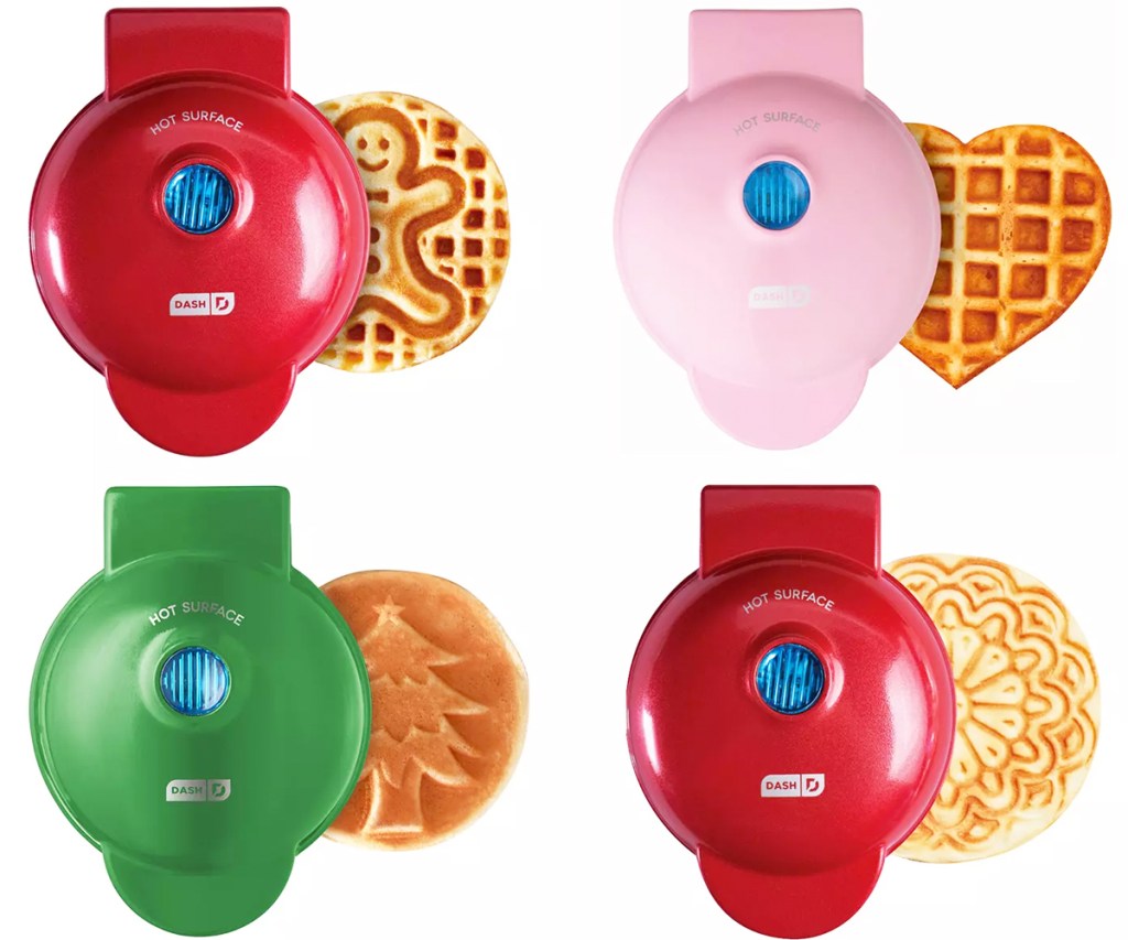 four mini waffle makers - gingerbread, heart, Christmas tree and Pizzelle design