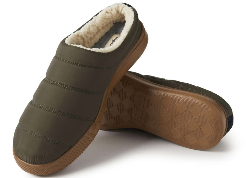 olive green pair of clog slippers