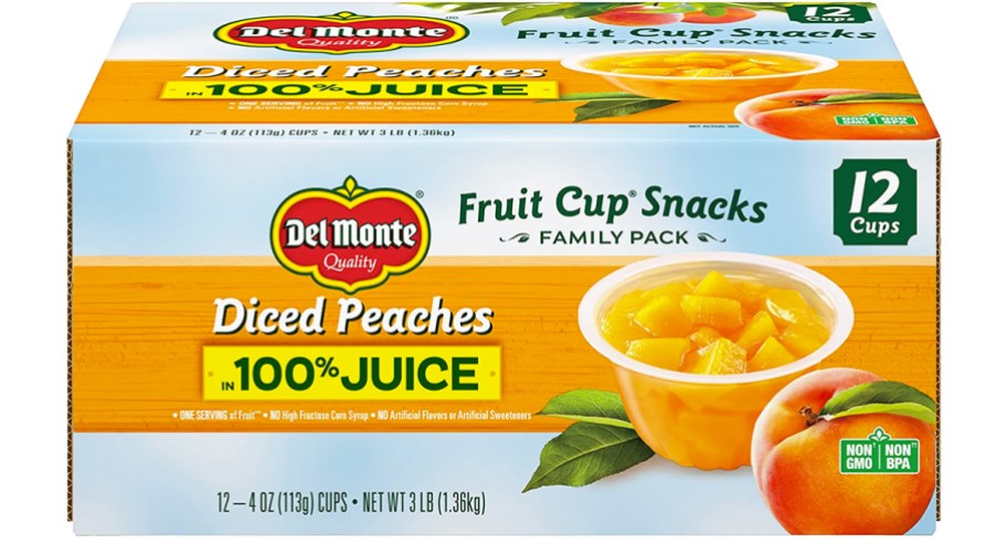 box of Del Monte Diced Peaches Fruit Cups