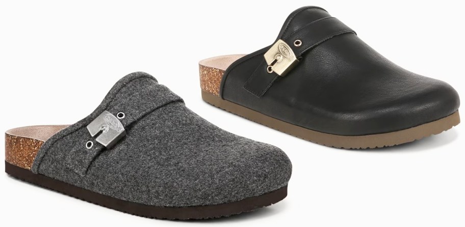 grey fabric and black leather clogs