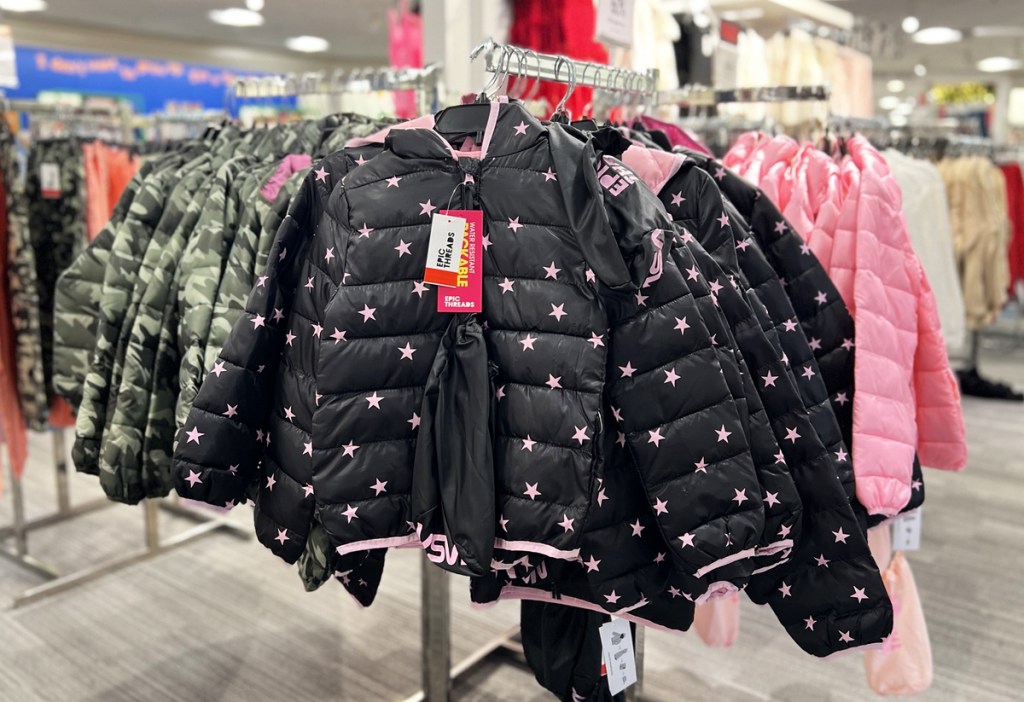 black and pink puffer jacket in store