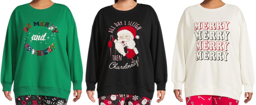 three women in christmas sweatshirts