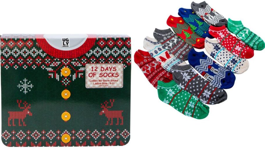 12 Days Of Ladies No-Show Socks Advent Calendar in Sweater Prints with the box and socks it includes next to it