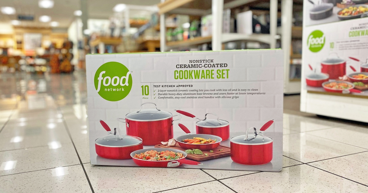 Food Network Ceramic Cookware Set in box sitting on a store floor