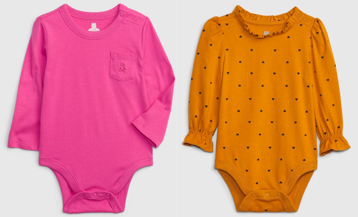 Gap Baby Organic Cotton Mix and Match Pocket Bodysuits in hot pink and orange stock images