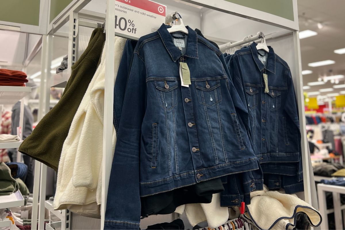 Goodfellow 7 Co. Mens Denim Jackets hanging on a wall in Target