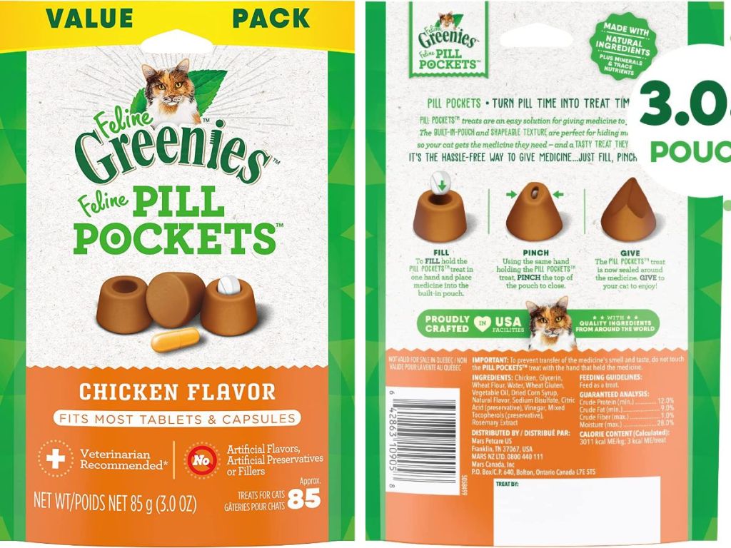The front and back of a Greenies pill pocket bag 