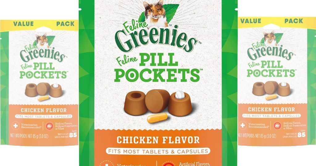 3 bags of chicken flavor pill pocket treats for cats