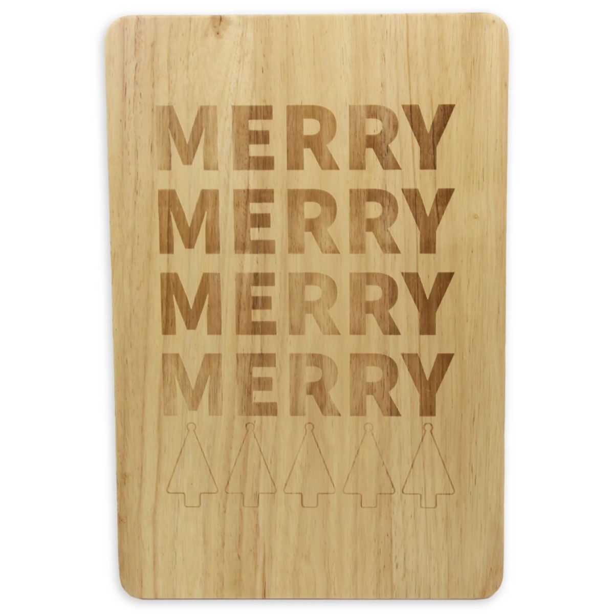 H for Happy 12inch by 18 inch wooden cutting board with the word Merry printed on it