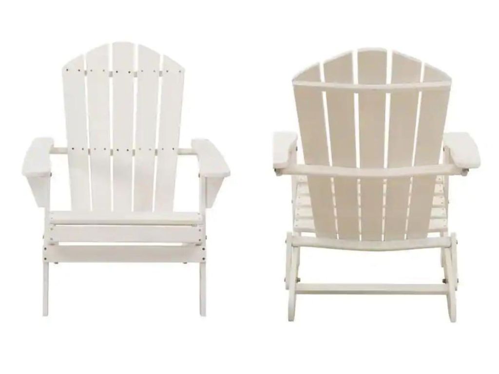 Two white folding Adirondack Chairs