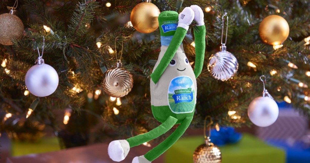 plush Ranch bottle hanging on Christmas tree