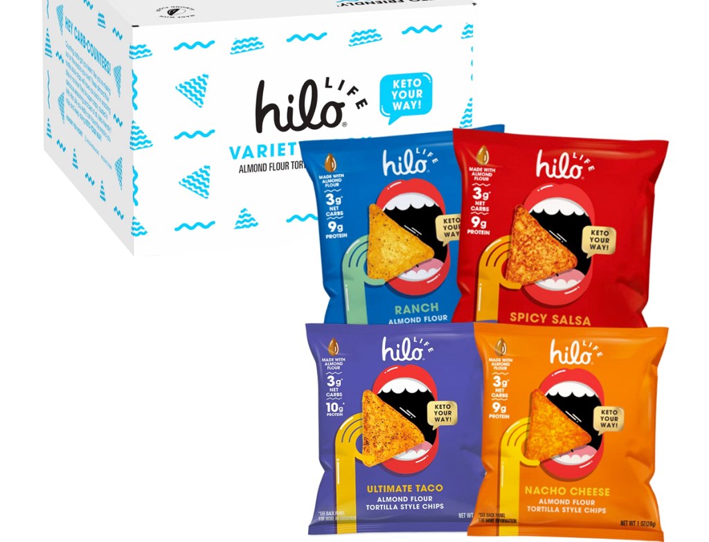 4 Hilo Life Tortilla Chips bags in front of box