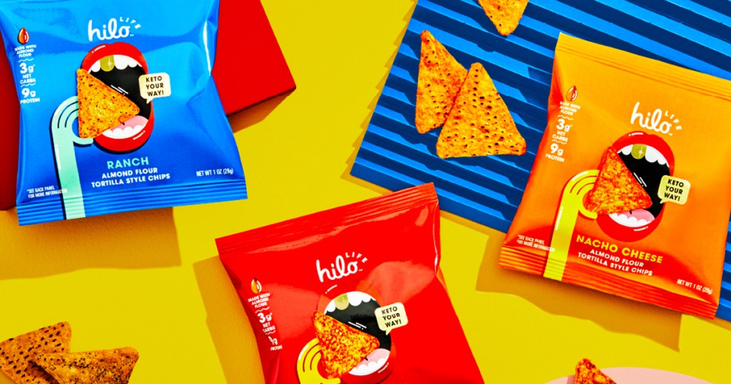 blue, red, and orange mini bags of Hilo Life Ultimate Taco Tortilla Chips