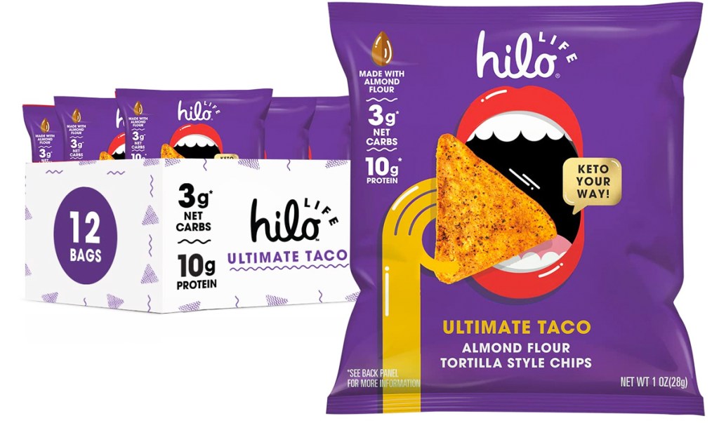 purple bag of Hilo Life Ultimate Taco Tortilla Chips in front of box