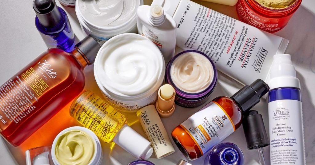 Kiehl's Skincare Items laying on counter, some open, some closed