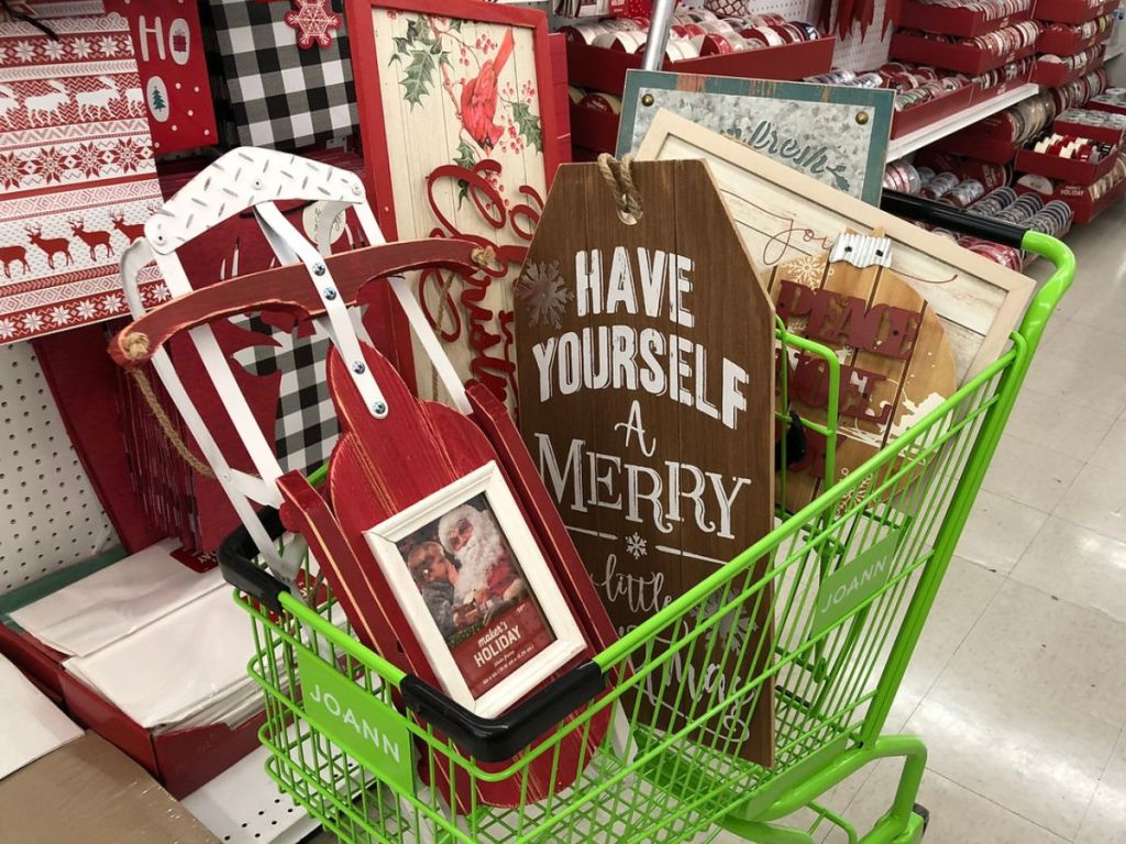 Joann's shopping cart full of holiday decor