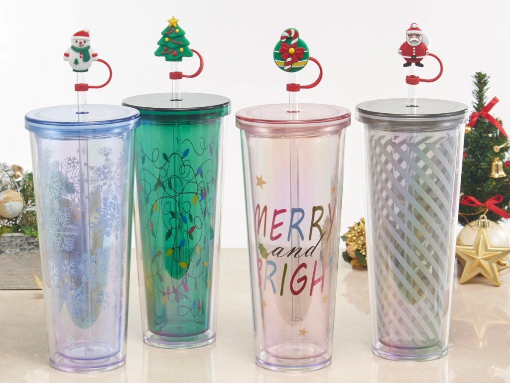 Holiday Time Christmas Tumblers w/ Figural Straws 4-Pack