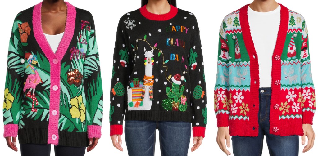 three women in ugly christmas sweaters