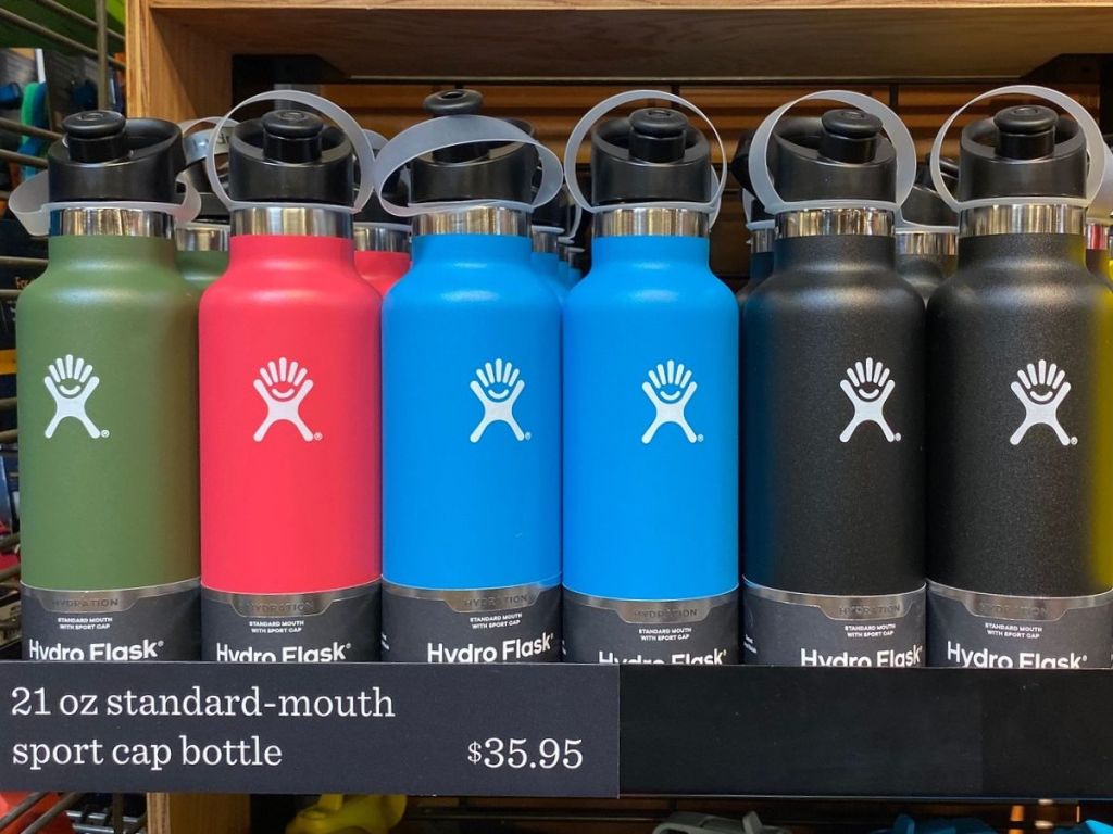 A shelf at a store filleded with 21oz Hydro Flask bottles