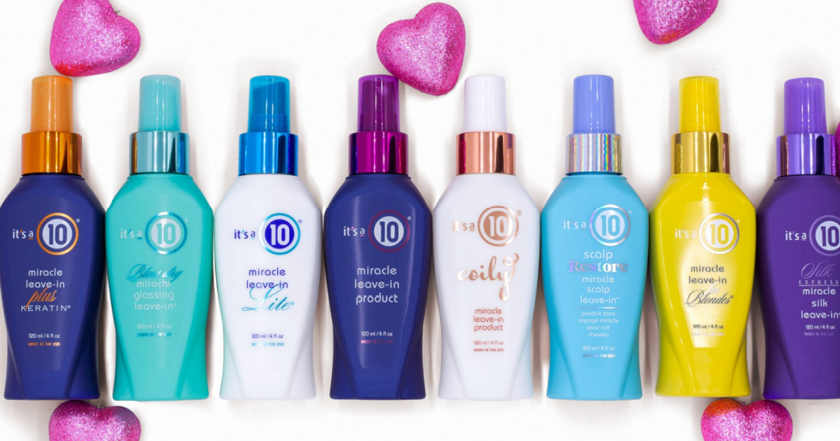 a lineup of colorful It's a 10 Leave In Haircare bottles surrounded by pink hearts