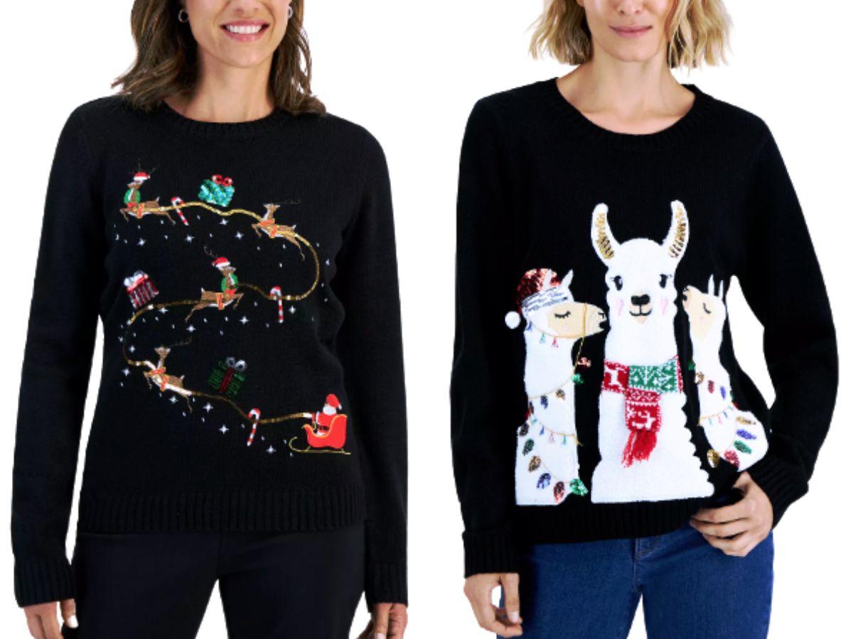 Karen Scott holiday sweaters Santas sleigh and llamas motifs.