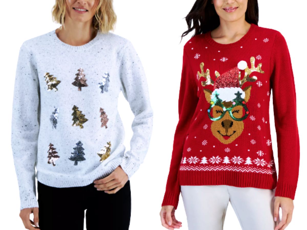 Karen Scott holiday sweaters with christmas tree and Rudolph motifs