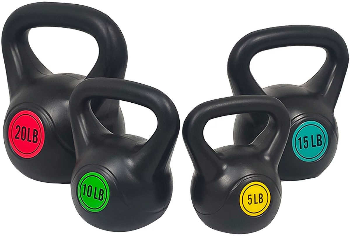 20, 10, 5, and 15 pound kettlebell weights