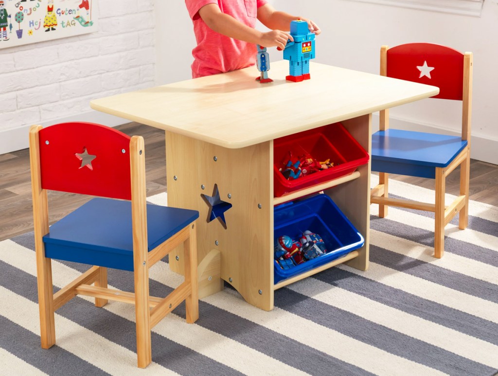 red and blue kids table and chairs set in playroom