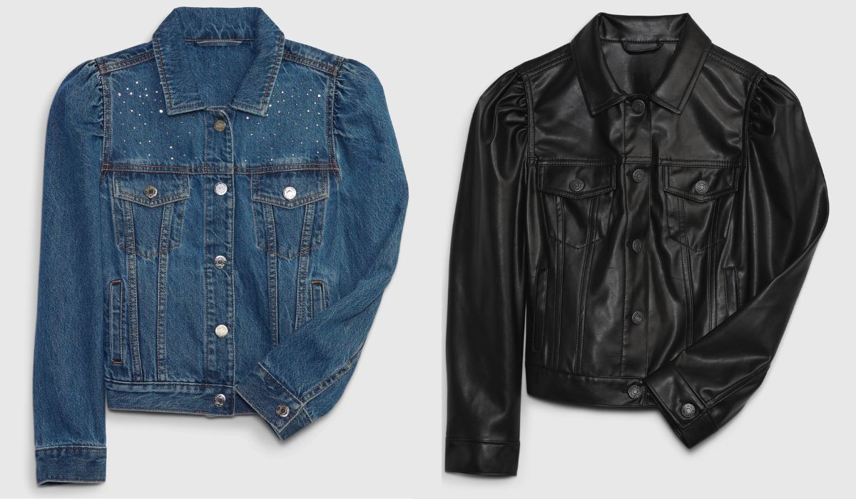 Kids Rhinestone Icon Denim Jacket and black faux leather puff sleeve jacket