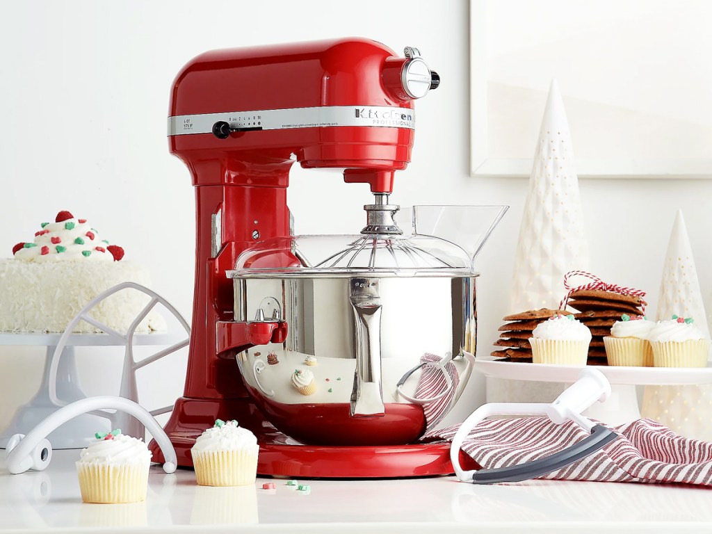red kitchenaid mixer on kitchen counter
