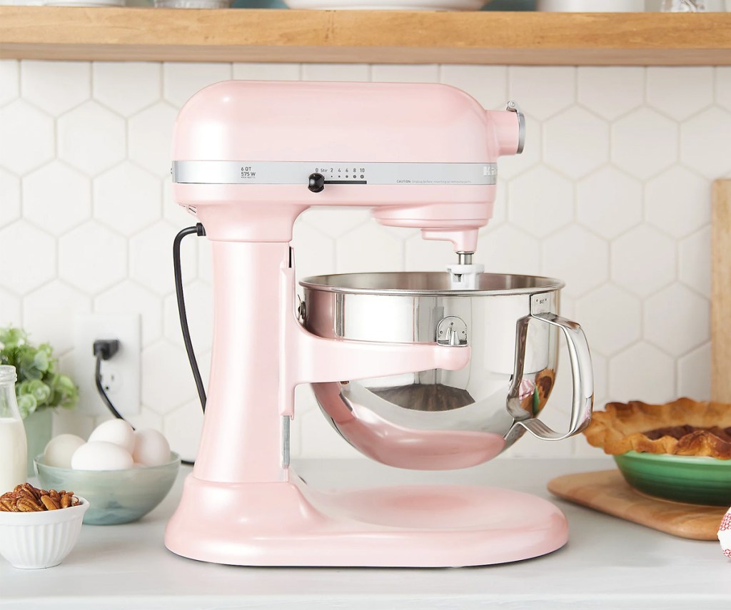 pink kitchenaid mixer on kitchen counter
