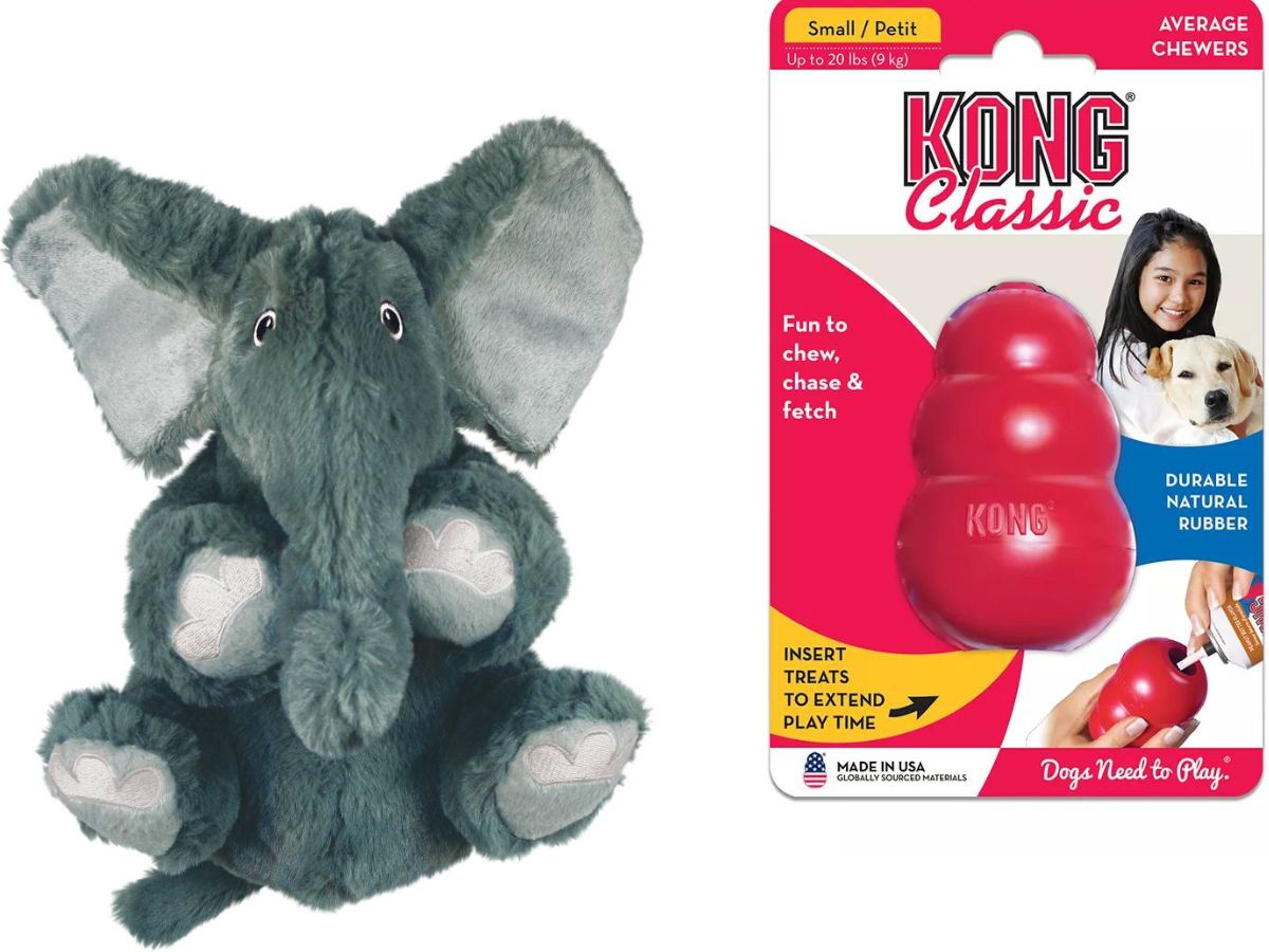 side by side stock images of grey plush elephant and red classic chew kong toys