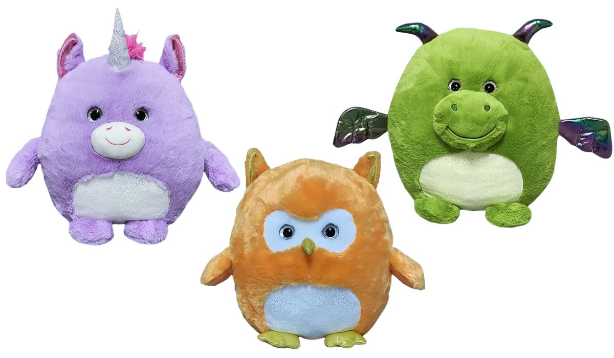 Purple unicorn, orange owl, or green dragon light up plush toys.