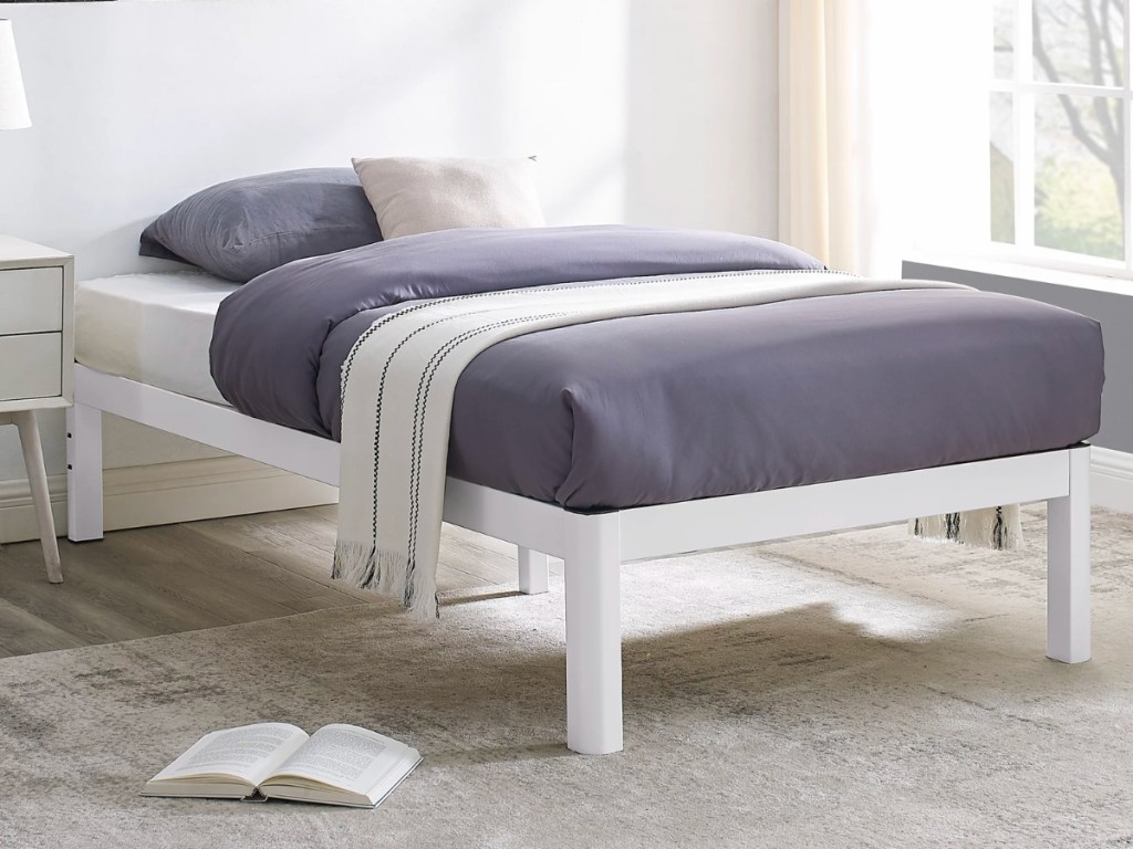 Mainstays Wood Slat White Metal Platform Bed Frame, Twin