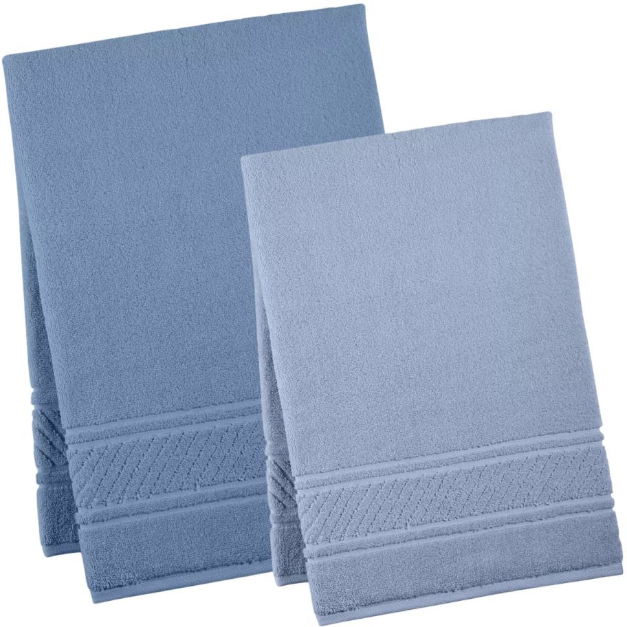 darker blue bath sheet with light blue bath towel.