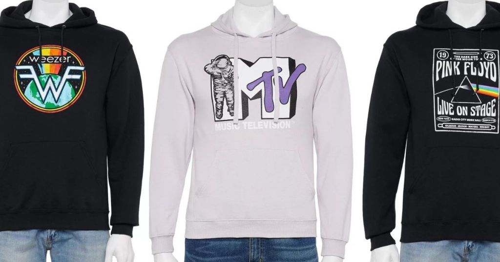 Three graphic hoodies with famous bands on them