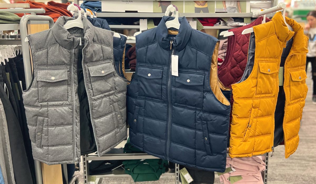 Mens puffer vests in gray, navy and gold