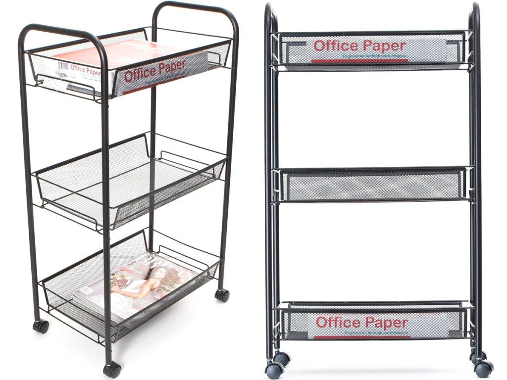 2 views of black 3-tier storage cart