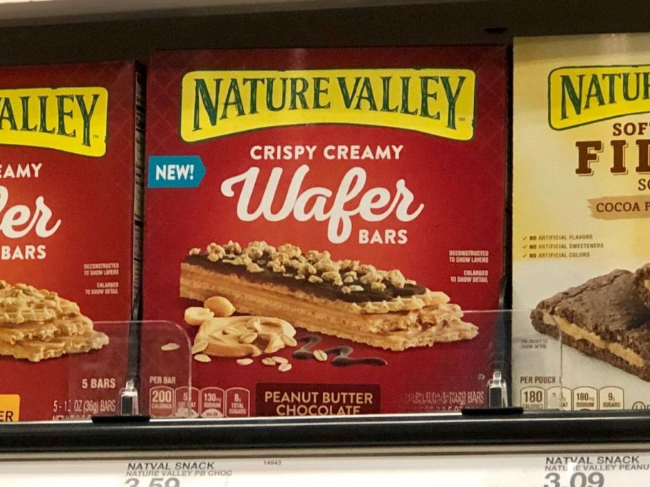 Nature Valley Wafer Bars in Peanut Butter Chocolate 6.5oz on store shelf