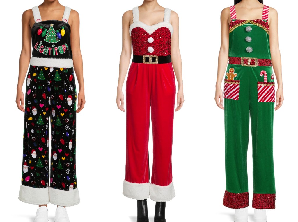 three women in christmas jumpsuits