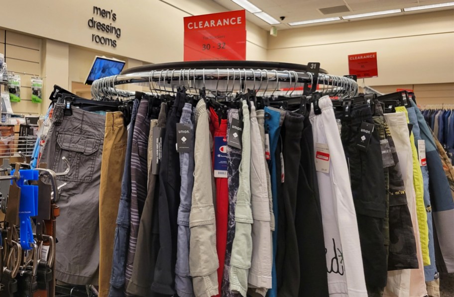 display rack of men's shorts
